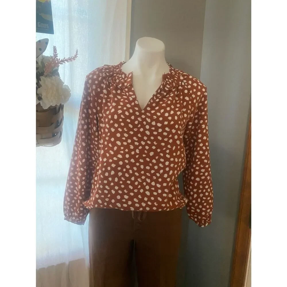 J. Crew Rust Brown Dot Print Long-Sleeve Blouse